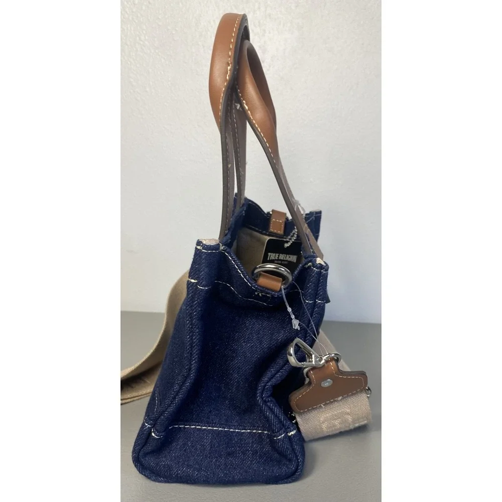 TRUE RELIGION Blue Denim Logo Mini Tote Purse Bag Adjustable Crossbody Strap NEW